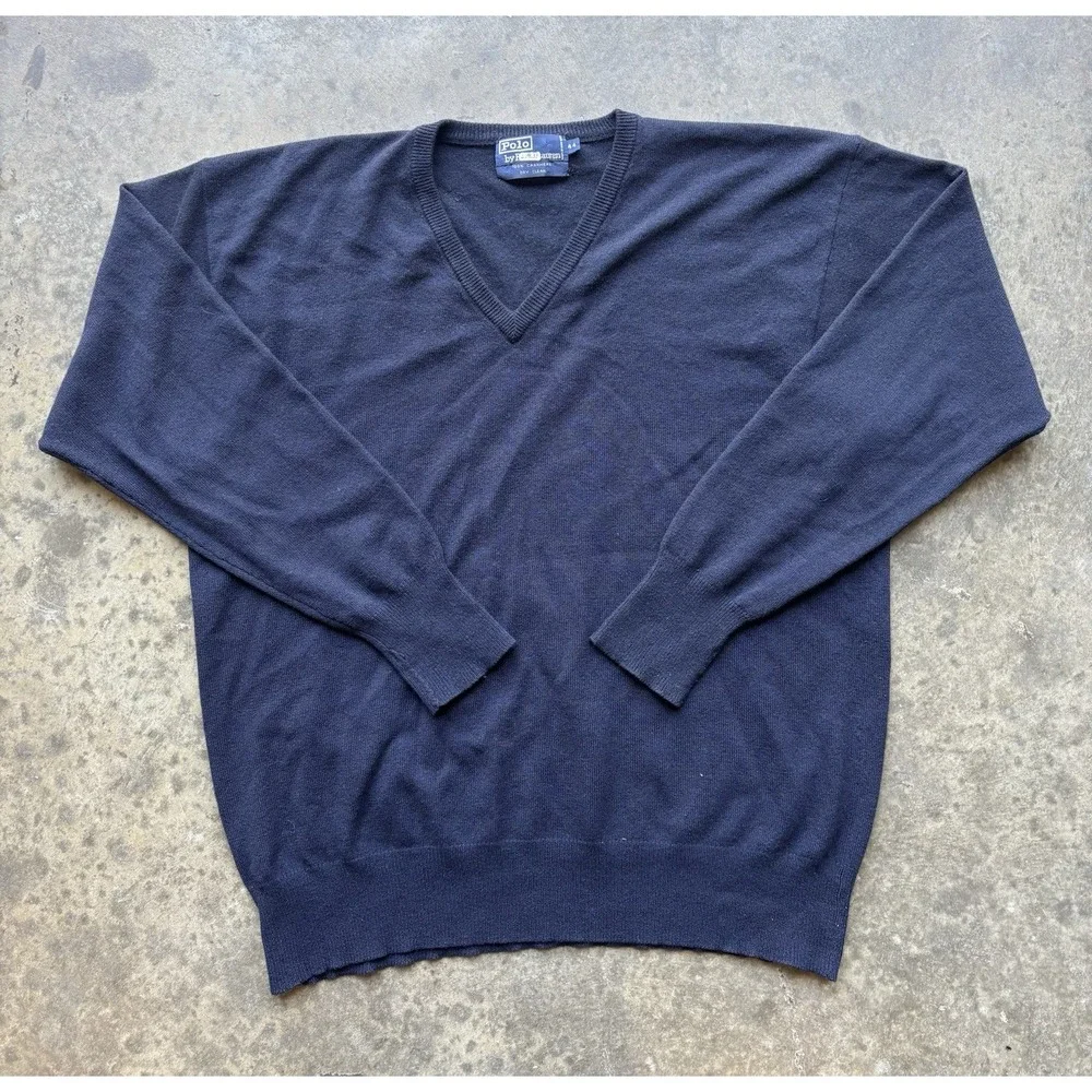 Vintage Polo Ralph Lauren 100% Cashmere V-Neck Sweater Mens Size 44/XL Navy Blue